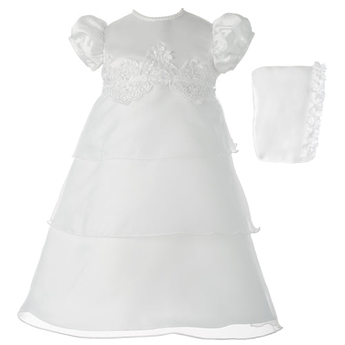 Organza Triple Tiered Christening Dress w Beaded Appliqued Bodice; 0-3 month & 6-9 month