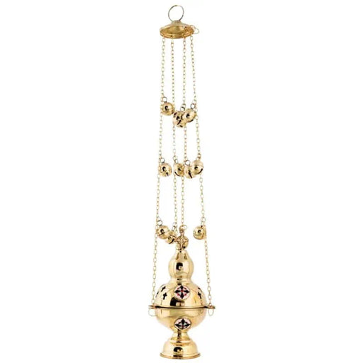 Gold-Plated Orthodox Censer – 12-Bell Chain with Enamel Cross Detail