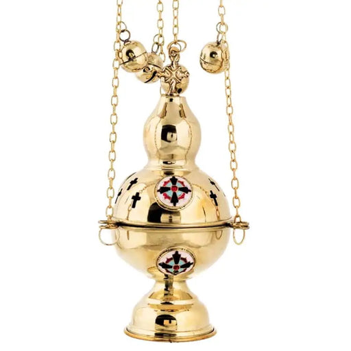 Gold-Plated Orthodox Censer – 12-Bell Chain with Enamel Cross Detail