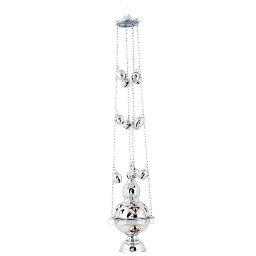 Silver-Plated Orthodox Censer – 12-Bell Suspension with Enamel Cross Detail