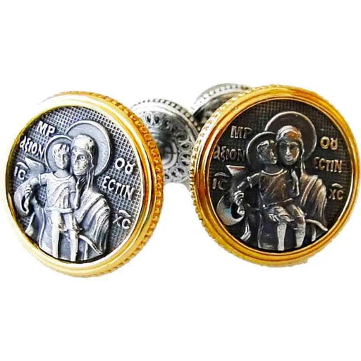 Silver Cufflinks – Embossed Carving of the Theotokos "Axion Estin" with Local Gilding