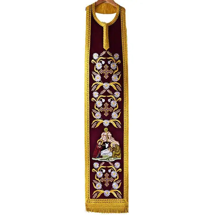Priest Stole -Epitrachelion – Burgundy with Nativity Embroidery