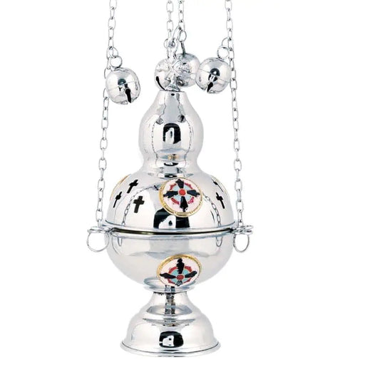 Silver-Plated Orthodox Censer – 12-Bell Suspension with Enamel Cross Detail