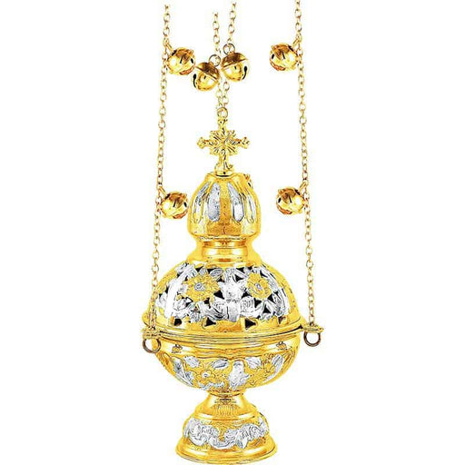 Two-Tone Bronze Orthodox Censer – Hand-Carved with Cross and Bells