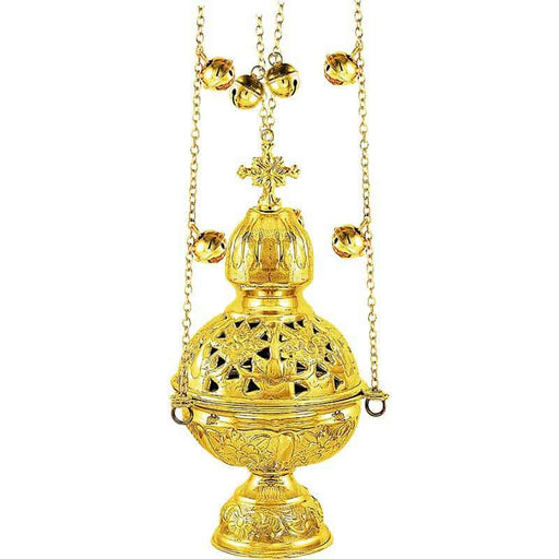 Gold Finish Orthodox Censer – Hand-Carved with Cross and Bells