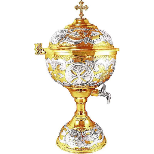 Round Holy Water Font with Carved Decoration - Gold Silver Mix - Single Faucet