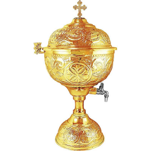 Round Holy Water Font with Carved Decoration - Gold Plated- Single Faucet
