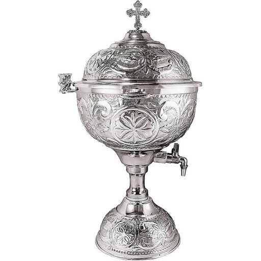 Round Holy Water Font with Carved Decoration - Nickel Plated- Single Faucet