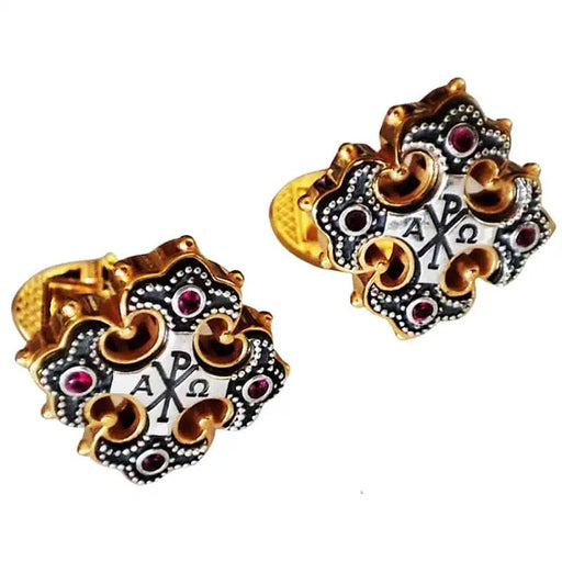 Silver Christogram Cross Cufflinks – Two-Tone Church Cufflinks with Zircon Stones