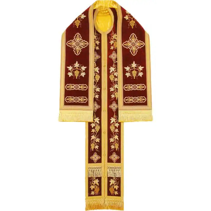 Priest Stole -Omophorion with Epitrachelion – Burgundy with Grapevine and Cross Embroidery