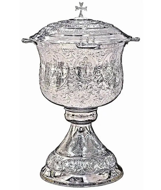 Hand-Carved Baptismal Font: Chrome-Plated Finish with Lid - 90 Liters