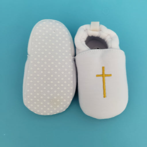White Baptism Baby Shoes with Gold Cross Embroidery – Soft Sole Christening Shoes