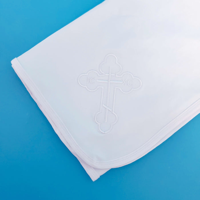 Double-Layer Cotton Baby Blanket – White with White Cross Embroidery
