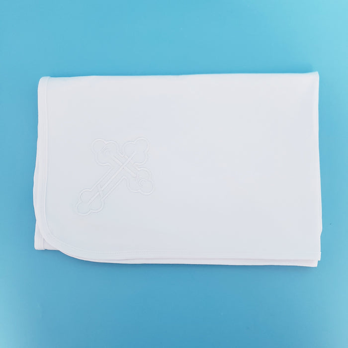 Double-Layer Cotton Baby Blanket – White with White Cross Embroidery