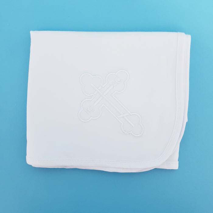 Double-Layer Cotton Baby Blanket – White with White Cross Embroidery