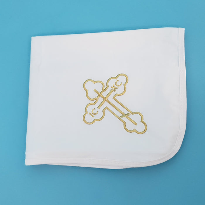 Double-Layer Cotton Baby Blanket – White with Gold Cross Embroidery