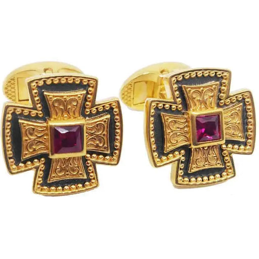 Silver Cross Cufflinks – Embossed Carving with Local Gilding and Center Stone