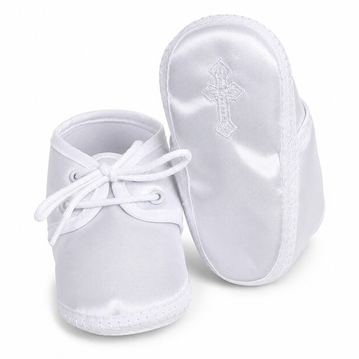 Boy's White Satin Baby Christening Bootie's with Embroidered Cross (Sizes 6-14 months)
