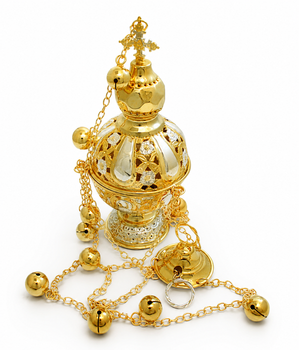 Two-Tone Bronze Orthodox Censer – with Cross and Bells