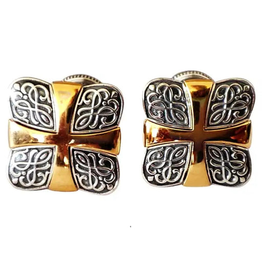 Silver Cufflinks – Ornate Cross Design with Gold Accents and Embossed Detailing