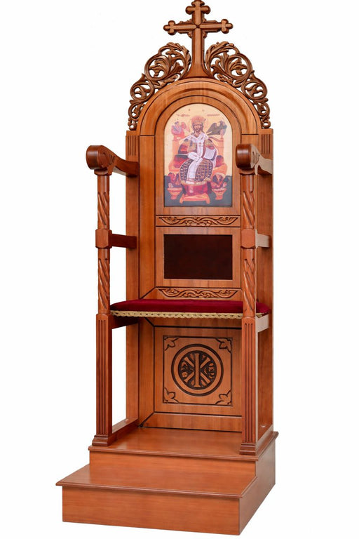 Orthodox Bishop’s Throne – Hand-Carved with Open Sides, Decorative Low Back Panel and Cross (Style 446)