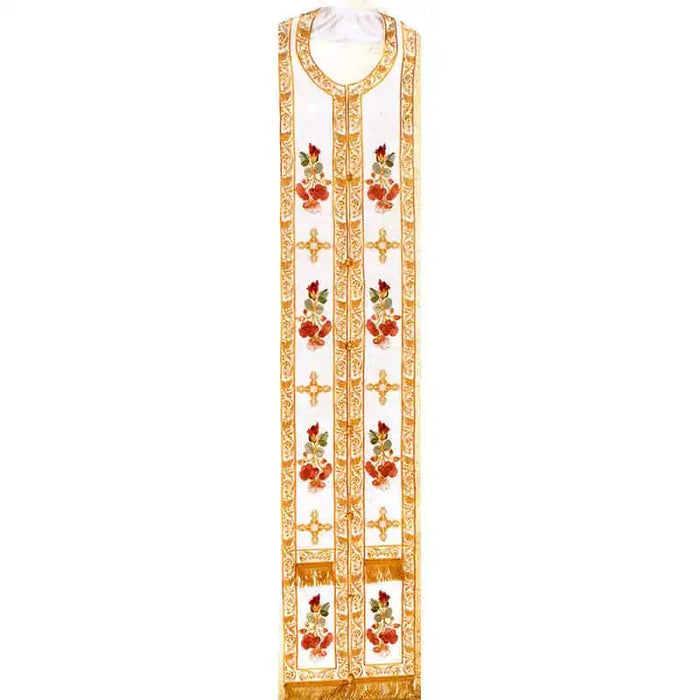 Priest Stole - White with Red Floral and Gold Cross Design