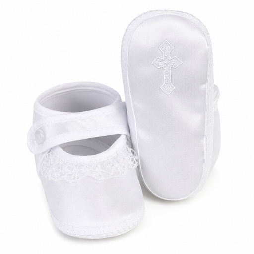 Girls Satin Bootie with Lace & Embroidered Cross- Sizes 6-14 months)