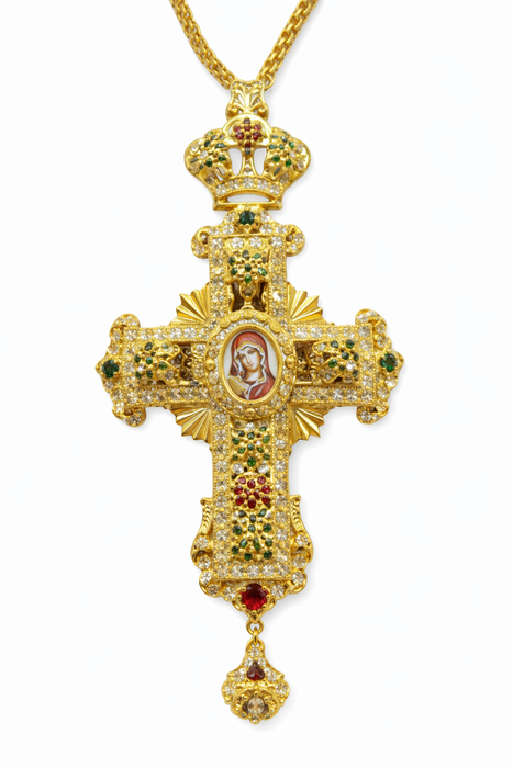 Orthodox Pectoral Cross with Theotokos Icon – Gold Plated with Colored Stones