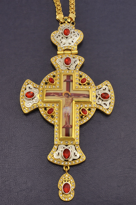 Orthodox Pectoral Christ Cross – Gold & Silver Plated with Colored Stones (6652-13)