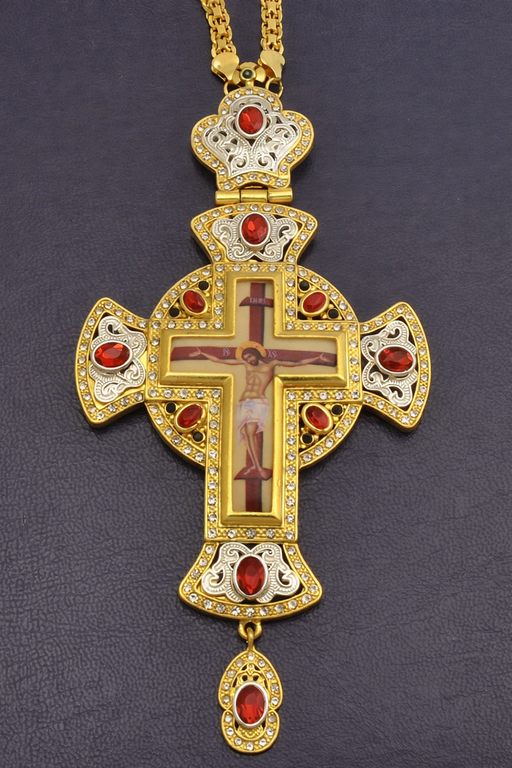 Orthodox Pectoral Christ Cross – Gold & Silver Plated with Colored Stones (6652-13)