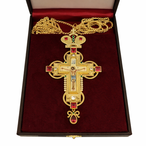 Orthodox Pectoral Cross with Enamel Crucifix – Gold Plated with Red & Green Accents