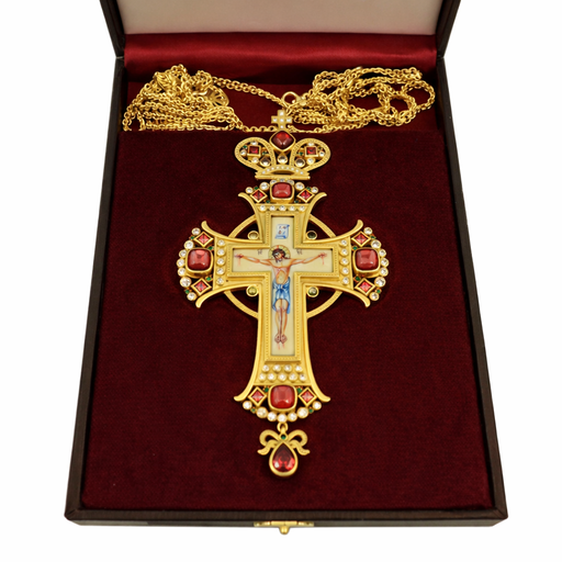 Orthodox Pectoral Cross Pendant – Enamel Crucifix, Gold Plated, Semi-Precious Stones (with Velvet Case & Chain)