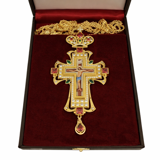 Orthodox Pectoral Cross with Enamel Crucifix – Gold Plated with Red & Green Accents
