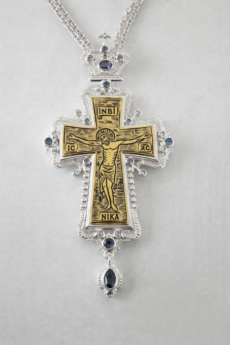 Orthodox Crucifix Pectoral Cross – Two-Tone with Blue Stone Accents