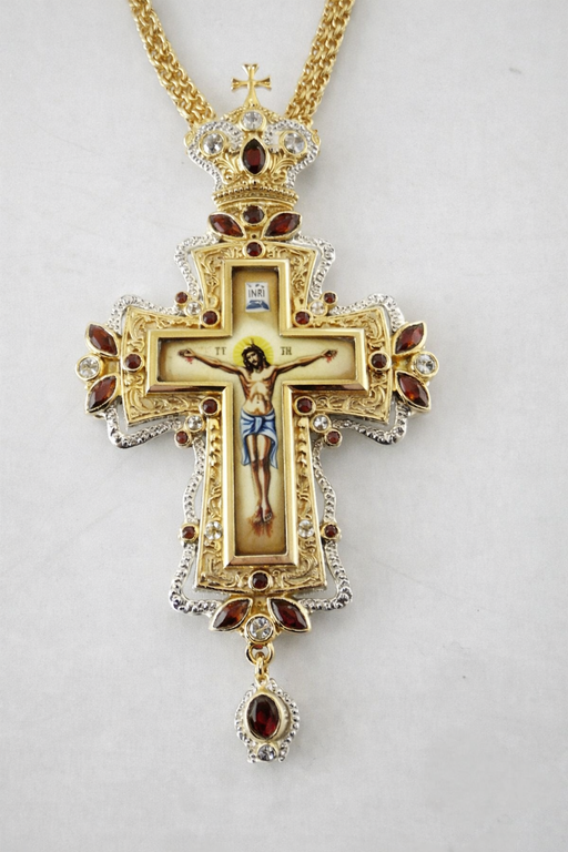rthodox Pectoral Cross with Crucifix Icon – Gold Plated with Red Stone Accents