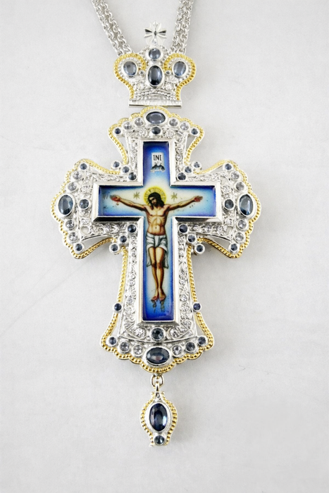 Orthodox Pectoral Cross with Crucifix Icon – Silver & Gold Finish with Blue Accents