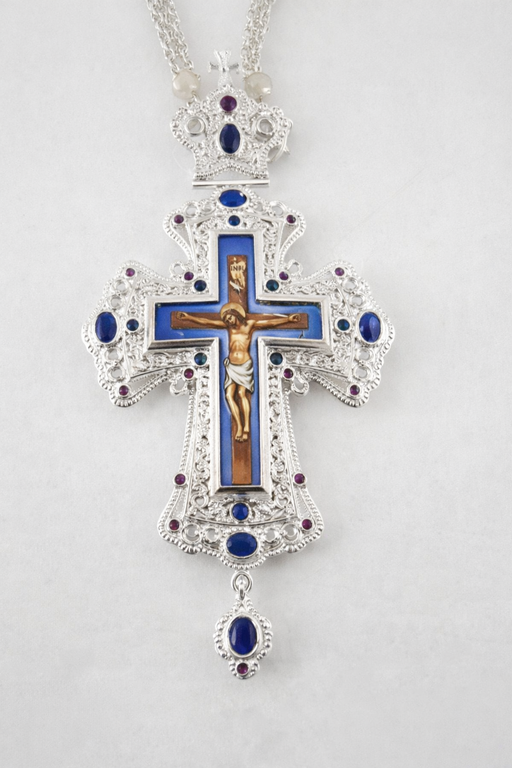 Orthodox Pectoral Cross with Crucifix Icon – Silver Finish with Blue & Purple Accents