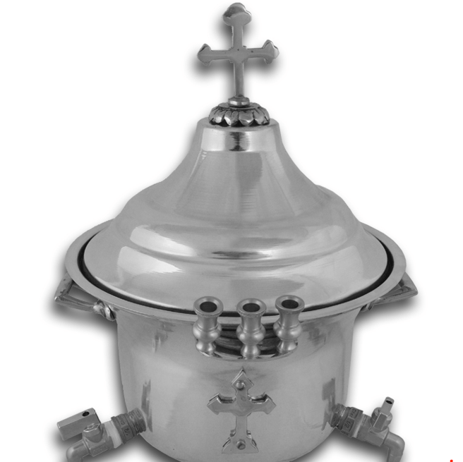 Holy Water Font with Lid and with Silver or Gold Cross - Nickel - Double Faucet