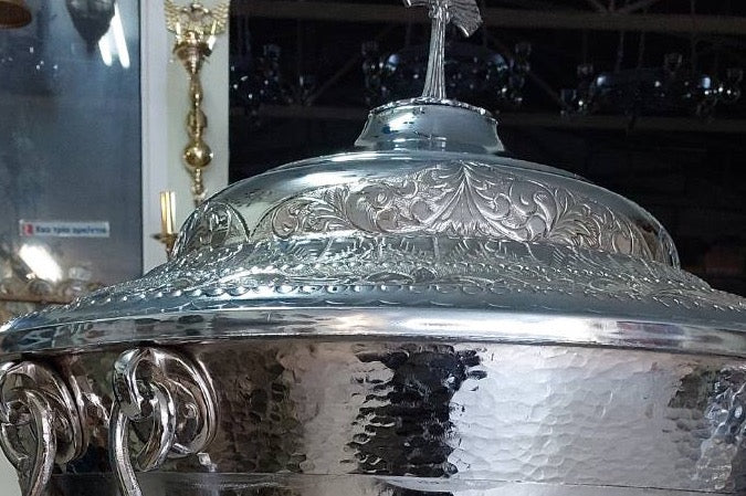 Nickel Hand Carved Holy Orthodox Baptismal Font - Size 4 (with water drain and lid)