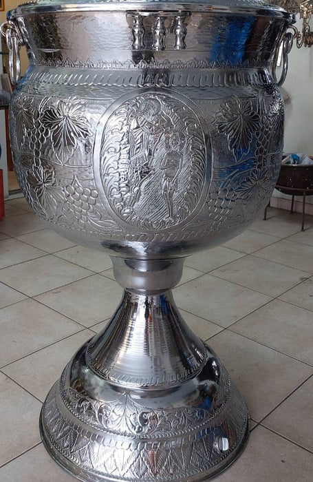 Nickel Hand Carved Holy Orthodox Baptismal Font - Size 4 (with water drain and lid)