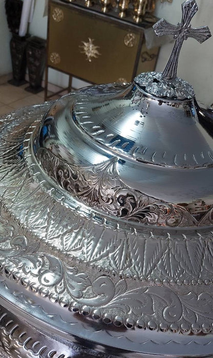 Nickel Hand Carved Holy Orthodox Baptismal Font - Size 4 (with water drain and lid)