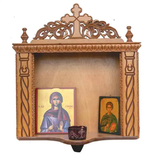 Hand-Carved Wooden Iconostasis Shelf with Ornamental Cross