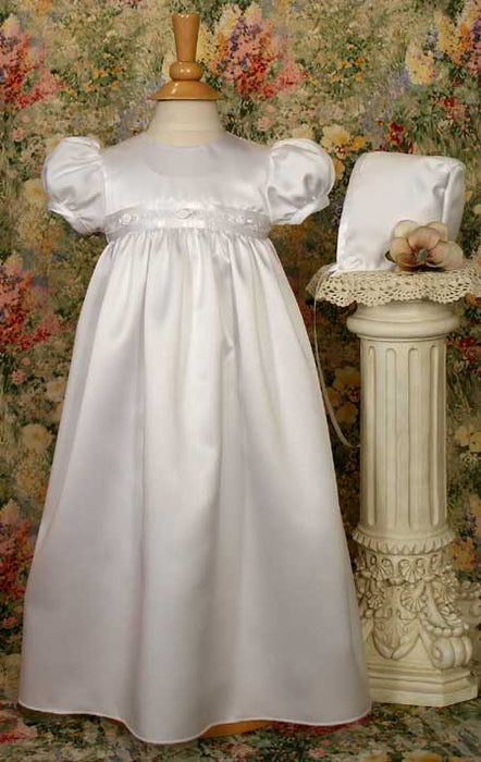 Satin gown w/ rosette trim. - 3 Month Sizing Only
