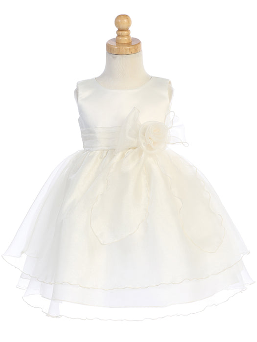 Flower Girl Dress - Ivory Satin Bodice Crystal Organza Dress with Bow (Sizes 5-10)