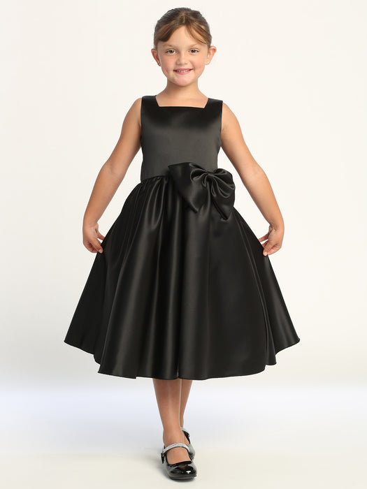 Satin Bow Dress – Tea Length (2T - 10 Years) - Multiple Colors