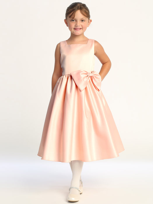 Satin Bow Dress – Tea Length (2T - 10 Years) - Multiple Colors