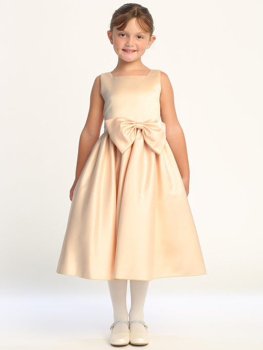 Satin Bow Dress – Tea Length (2T - 10 Years) - Multiple Colors