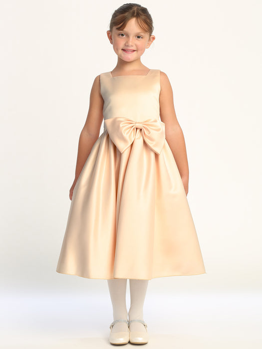 Satin Bow Dress – Tea Length (2T - 10 Years) - Multiple Colors