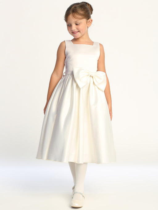 Satin Bow Dress – Tea Length (2T - 10 Years) - Multiple Colors