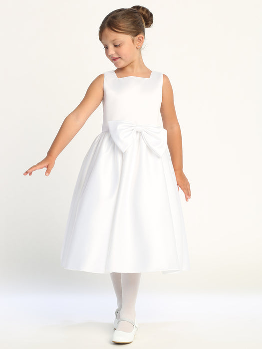 Satin Bow Dress – Tea Length (2T - 10 Years) - Multiple Colors